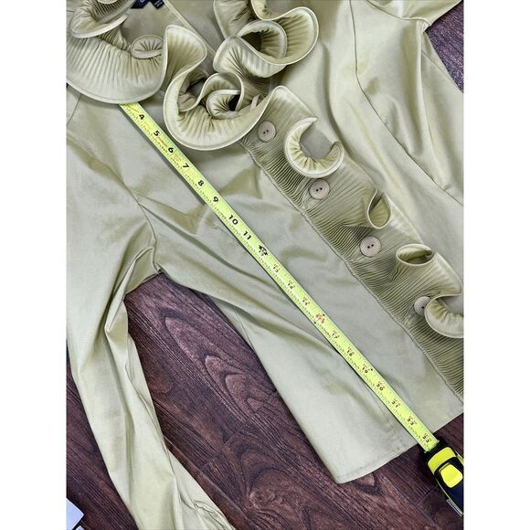 SAMUEL DONG LIME GREEN CHARTREUSE BUTTON UP WIRED RUFFLE COLLAR STRETCH SHIRT S - Picture 13 of 15